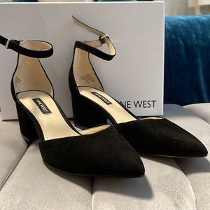 Nine West Trini black suede block heel ankle strap pumps